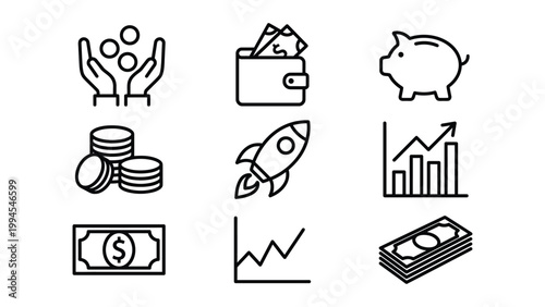 Financial icons set with money investment savings symbols piggy bank online banking digital currency stock market financial freedom investment banknote business earnings transaction