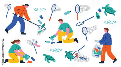 People cleaning ocean pollution with nets and bags saving sea turtles from plastic waste environmental protection concept