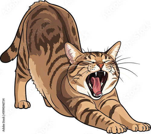 Chausie Cat stretching yawning relaxed vector illustration