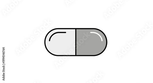Minimalistic illustration of a pharmaceutical capsule in grayscale, isolated on white background