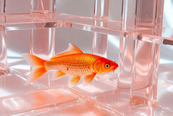 A goldfish swims within a translucent cube of ice. It appears to be trapped in a minimalist, reflective setting.