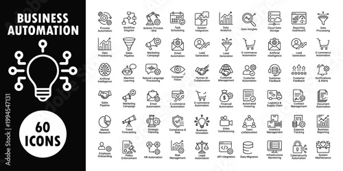 Business automation set, 60 black and white line on white and black backgrounds line black and white