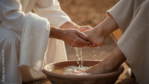 Man washing feet in clay basin. Biblical scene of humility and service. Close up of hands and water dripping into bowl. Religious ritual of foot washing