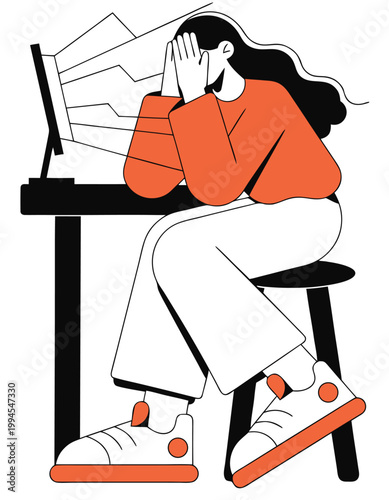 Woman experiences screen fatigue and eye strain while working on computer illustration