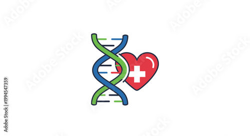 Medical illustration: human heart and dna helix signifying health, genetics, and well-being