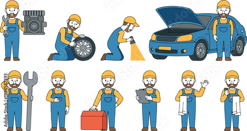 Cartoon mechanic character set showing automotive repair tasks with tools blueprint toolbox and car maintenance poses in colorful illustration collection