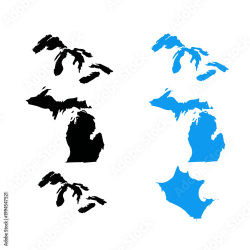 Michigan Map Silhouette and Great Lakes Outline - Black and Blue on White
