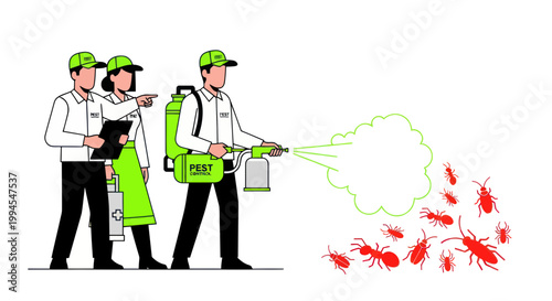Pest control team spraying insects, professional exterminators fighting pests with spray