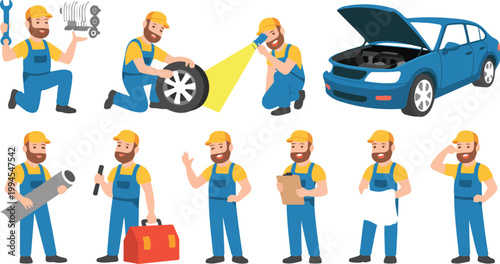 Cartoon mechanic character set showing automotive repair tasks with tools blueprint toolbox and car maintenance poses in colorful illustration collection