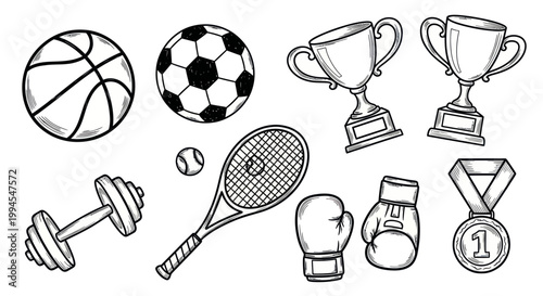 Sports Equipment Collection: Trophy, Ball, Dumbbell, Tennis, Boxing Gloves, Medal