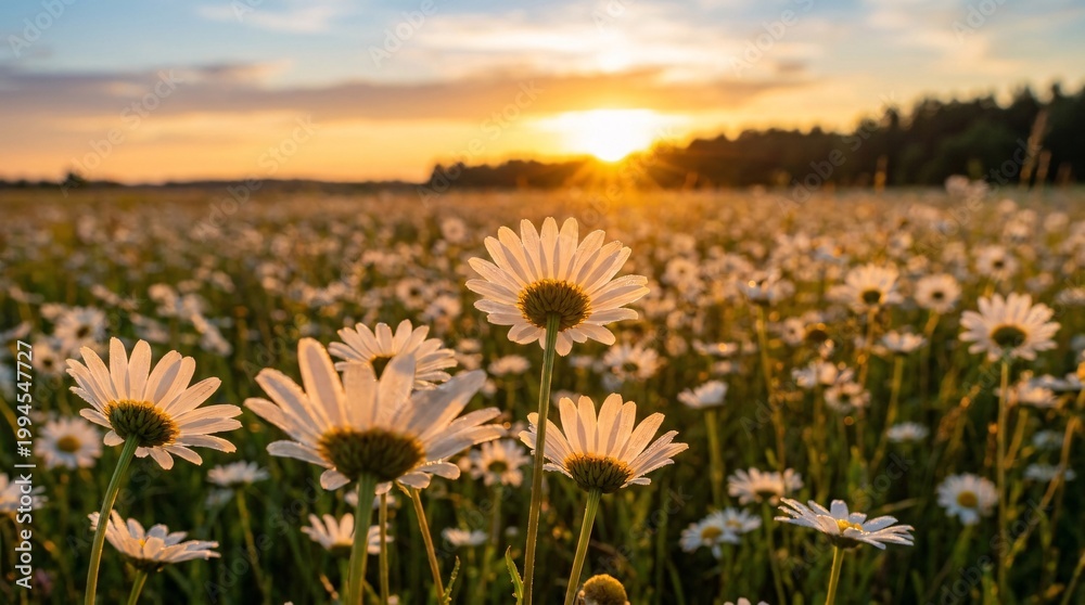 Obraz premium Delicate white daisy wildflowers blooming beautifully within a vast meadow during a breathtaking golden sunset with incredible macro detail.