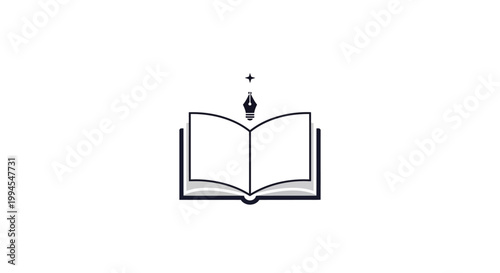 Minimalist illustration of an open book with a fountain pen, symbolizing writing
