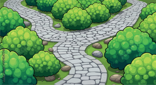 Cartoon stone garden path vector, winding cobblestone walkway through green bushes, scenic park landscape with grey rock pavement and shrubbery