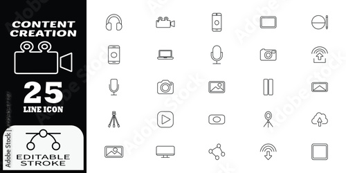 Creation line 25 editable stroke symbols including camera, microphone, headphones, and social media