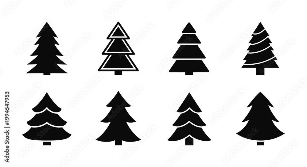 Obraz premium Set of eight black christmas tree vector icons