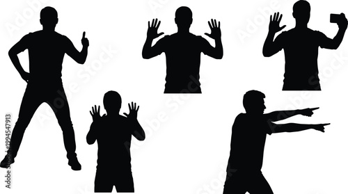 Silhouette collection of expressive human poses showing gestures communication emotions isolated on white background for creative design use