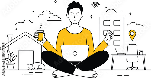 A minimalist line art illustration of a person meditating in lotus position working remotely with laptop coffee and peaceful home office environment