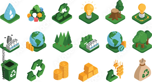 Isometric eco environment icon collection featuring forest, wildlife, renewable energy, pollution control and sustainability symbols in 4x6 grid layout vector illustration set