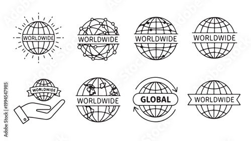 Set of diverse global and worldwide logo icons featuring earth globes, network connections, and hand symbols representing international reach and connectivity