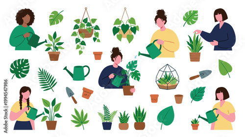 Diverse women tending houseplants creating a serene indoor garden hobby and lifestyle concept