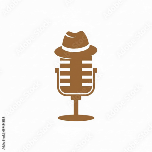Microphone icon with brown hat and striped grill for handmade project branding, simple vector style on white background