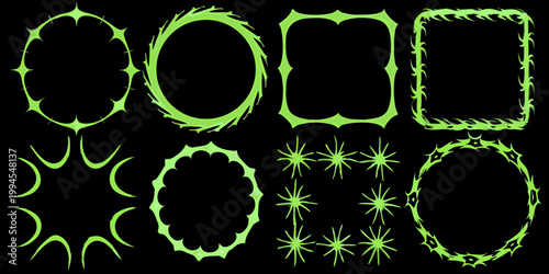 Four vibrant green thorn covered frames and decorative elements on black