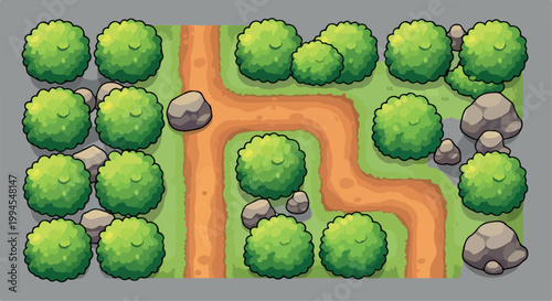 Cartoon forest game map vector, top down aerial view of park landscape with dirt paths, green bushes and stone rocks for level design