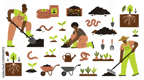 Diverse gardeners planting and tending to plants in a garden setting, illustrating organic gardening and sustainable practices