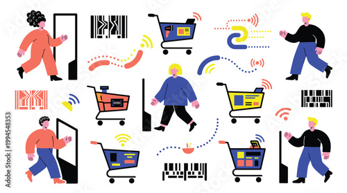 Smart Shopping Cart Technology in Modern Retail Stores with Customers Using Futuristic Checkout Systems