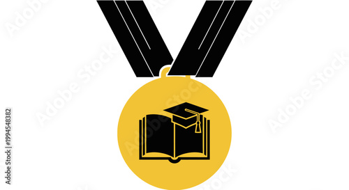 Educational achievement emblem featuring graduation hat and a book on a golden medallion