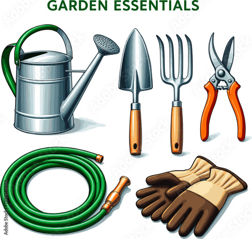 Create a realistic Set of gardening tools vector art with white background..