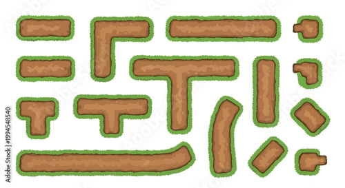 Top-down pixel art dirt path tileset, green grass and brown soil road construction kit, 14 modular game environment vector elements