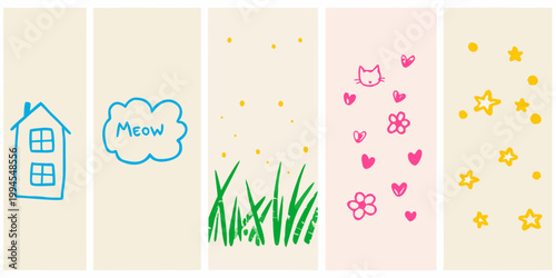 Five vertical panels display childlike drawings of various simple motifs