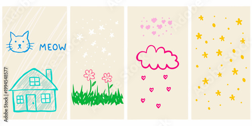 Four illustrated panels with childlike drawings of cats houses and weather