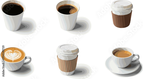Coffee Cup Collection with Espresso, Latte Art, Takeaway Cups, and Hot Beverages for Cafe Menu Design, Morning Drink Concept, and Realistic Vector Illustration Set