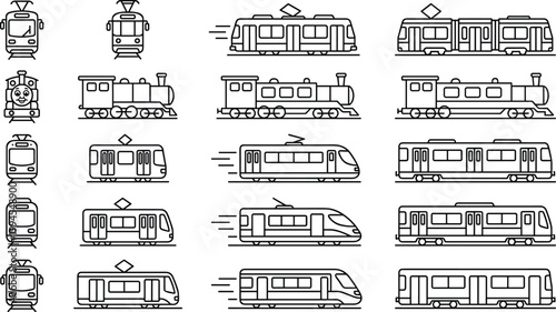 Train and railway transport icon set featuring locomotives, metro systems, passenger trains and public transportation vehicles in outline style
