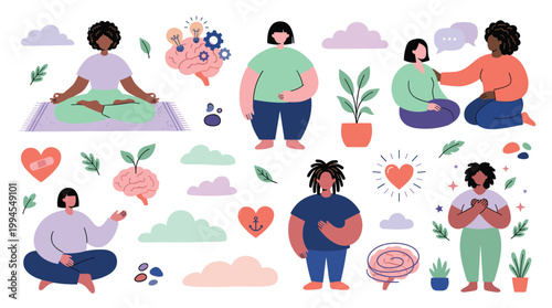 Diverse people practicing mindfulness meditation self care and mental wellness with symbols of health and growth