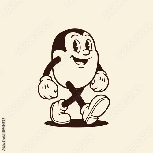 Happy Vintage Cartoon Coffee Bean Character Walking, Retro Mascot for Beverage and Food Industry Illustration.
