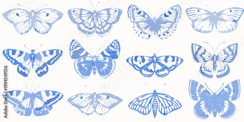 A collection of delicate blue butterflies in various poses and patterns