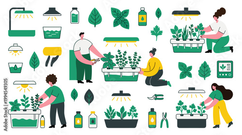 People tending to hydroponic gardens indoors using modern technology and grow lights for sustainable urban farming and healthy living