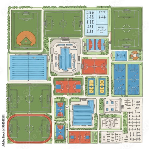 Aerial illustration depicting a comprehensive sports complex layout with diverse athletic fields and facilities showcasing various outdoor and indoor recreational areas for community engagement