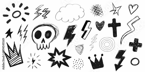 Collection of hand drawn doodles including skulls stars and lightning bolts