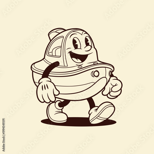 Cheerful Vintage Cartoon Speed Boat Character Walking, Retro Water Sports and Recreation Mascot Illustration.