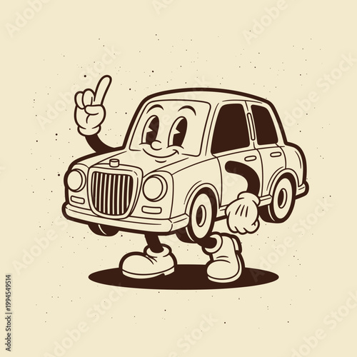 Vintage Cartoon Classic Car Character Pointing Up, Retro Automobile and Vehicle Mascot Illustration.