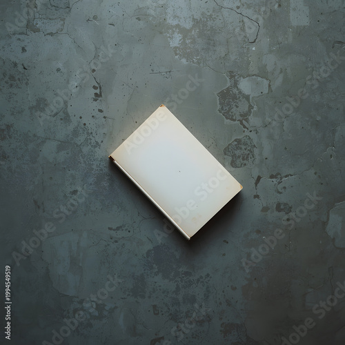 Minimalist book mockup on dark grey concrete background, top view of blank white notebook cover with copy space for design.