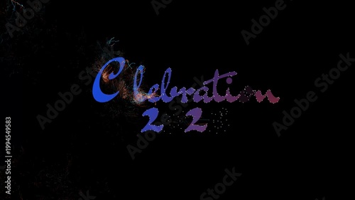 2026 celebration text animation with blue purple gradient and festive fireworks on black background
