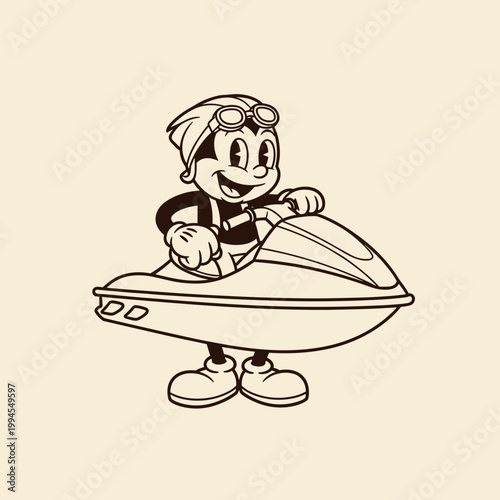 Vintage Cartoon Jet Skier Character Riding, Retro Water Sports and Adventure Mascot Illustration.