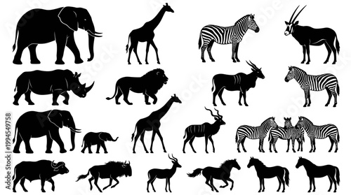 African animal icons set featuring giraffes elephants lions rhinoceroses antelopes wildebeests hippopotamuses wildlife silhouettes safari nature symbols