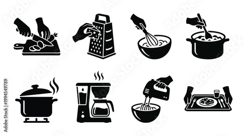 Cooking icons set featuring chopping grating whisking stirring steaming pot coffee maker stand mixer tray serving kitchen activities