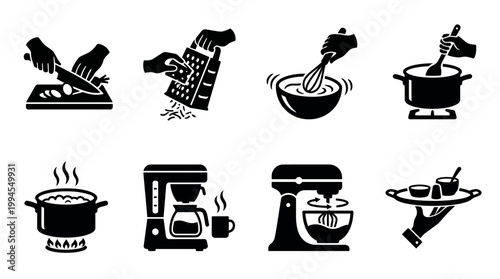 Cooking icons set featuring chopping grating whisking stirring steaming pot coffee maker stand mixer tray serving kitchen activities